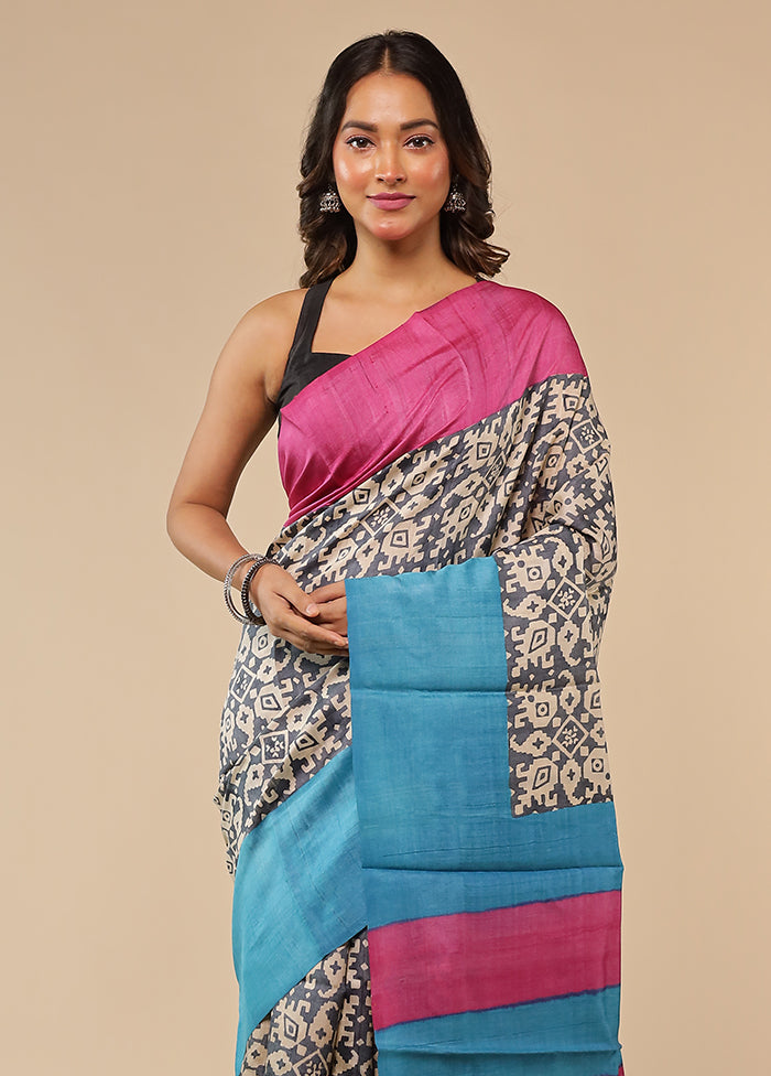Cream Handloom Tussar Pure Silk Saree With Blouse Piece