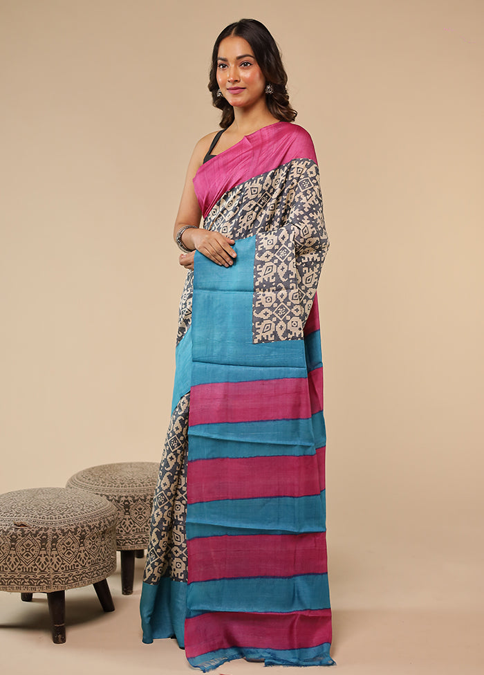 Cream Handloom Tussar Pure Silk Saree With Blouse Piece