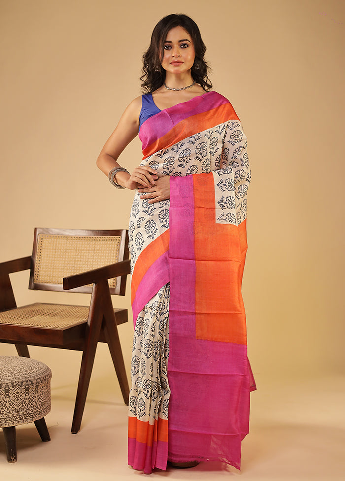 Cream Handloom Tussar Pure Silk Saree With Blouse Piece