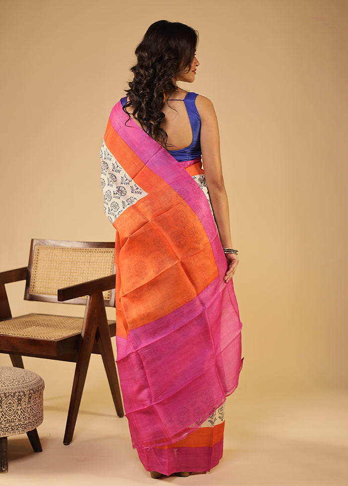 Cream Handloom Tussar Pure Silk Saree With Blouse Piece