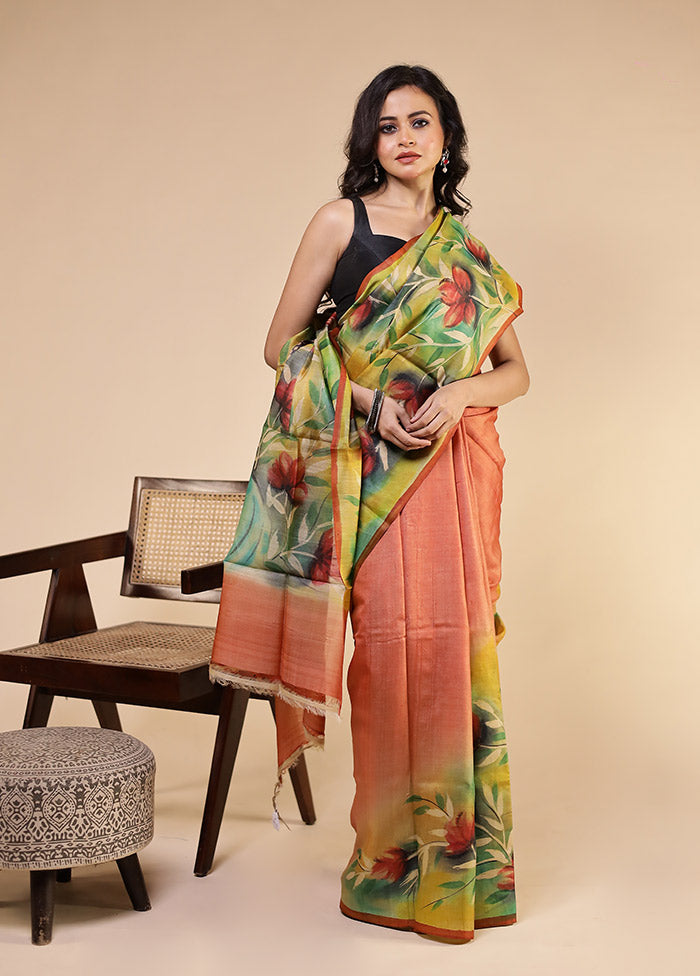 Multicolor Handloom Tussar Pure Silk Saree With Blouse Piece
