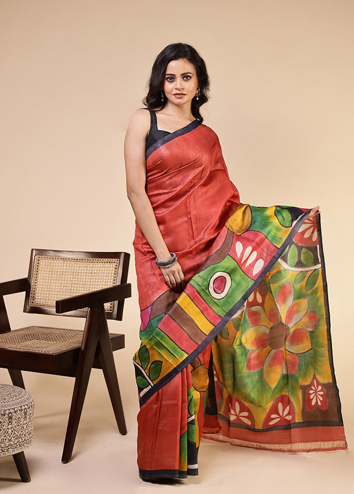 Multicolor Handloom Tussar Pure Silk Saree With Blouse Piece