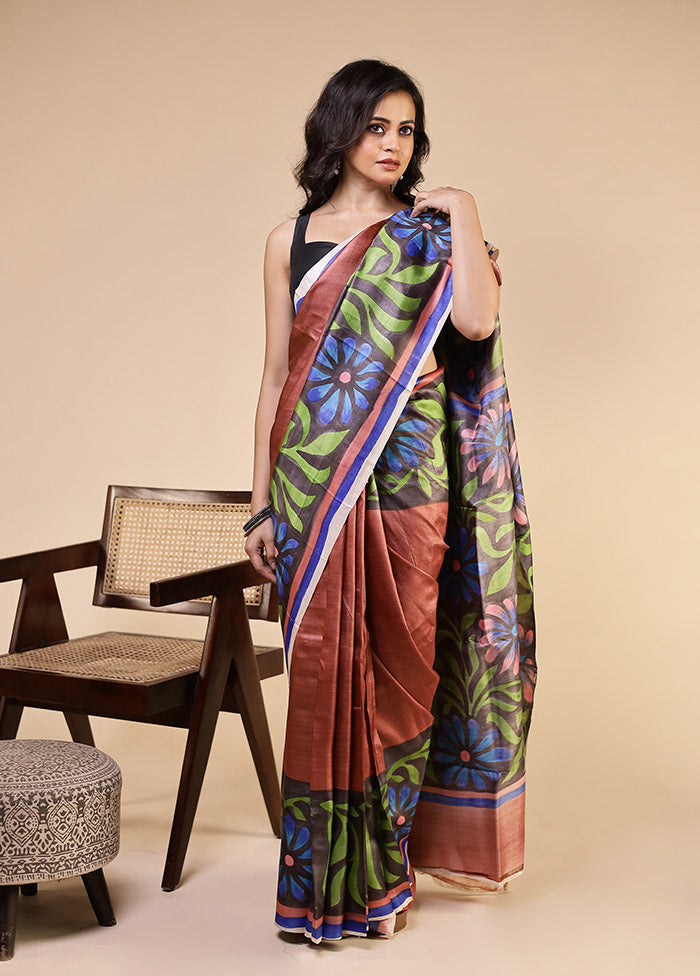 Multicolor Handloom Tussar Pure Silk Saree With Blouse Piece