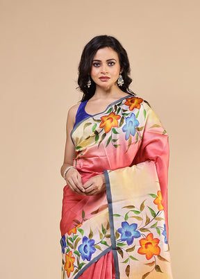 Pink Printed Pure Silk Saree Without Blouse Piece