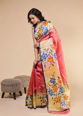 Pink Printed Pure Silk Saree Without Blouse Piece