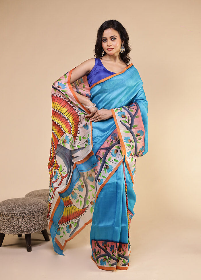 Blue Printed Pure Silk Saree Without Blouse Piece
