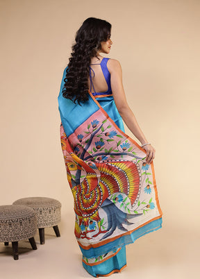 Blue Printed Pure Silk Saree Without Blouse Piece