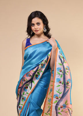 Blue Printed Pure Silk Saree Without Blouse Piece