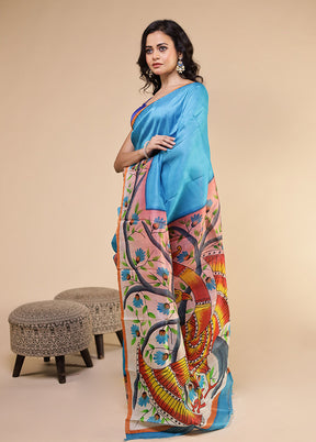 Blue Printed Pure Silk Saree Without Blouse Piece