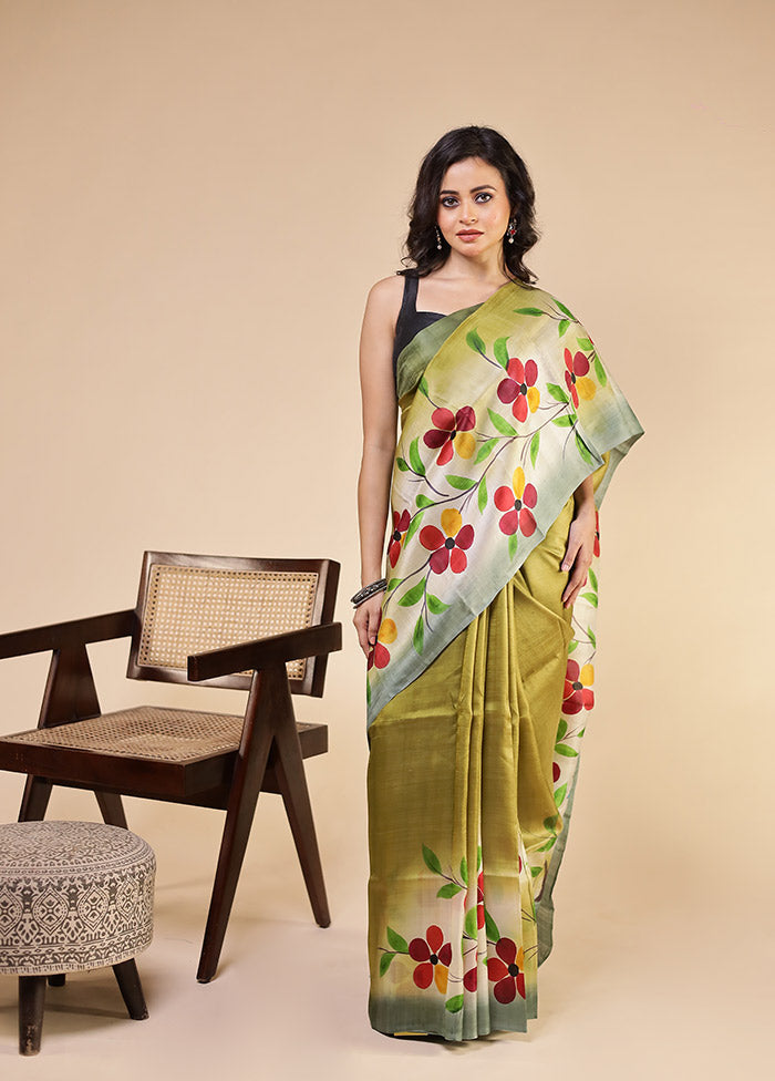 Green Printed Pure Silk Saree Without Blouse Piece