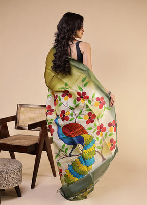 Green Printed Pure Silk Saree Without Blouse Piece