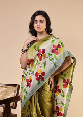 Green Printed Pure Silk Saree Without Blouse Piece