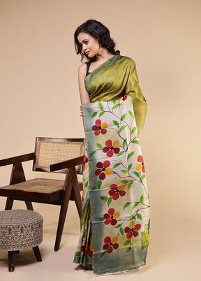 Green Printed Pure Silk Saree Without Blouse Piece