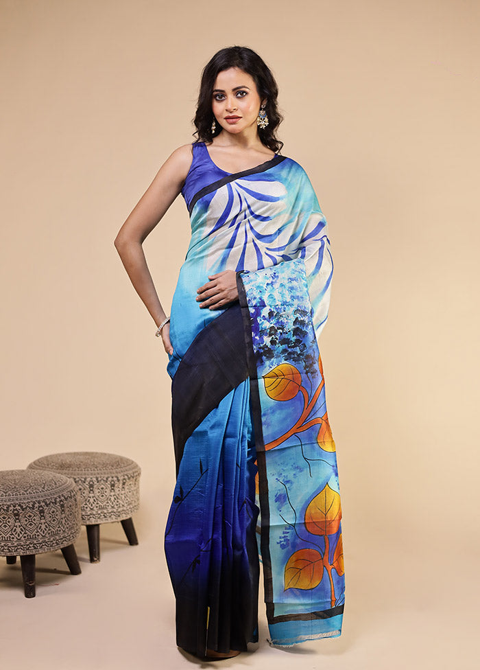Blue Printed Pure Silk Saree Without Blouse Piece