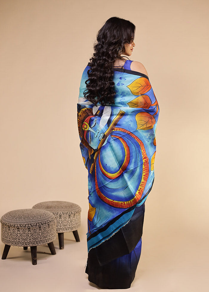 Blue Printed Pure Silk Saree Without Blouse Piece