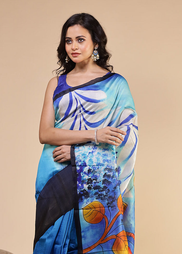 Blue Printed Pure Silk Saree Without Blouse Piece