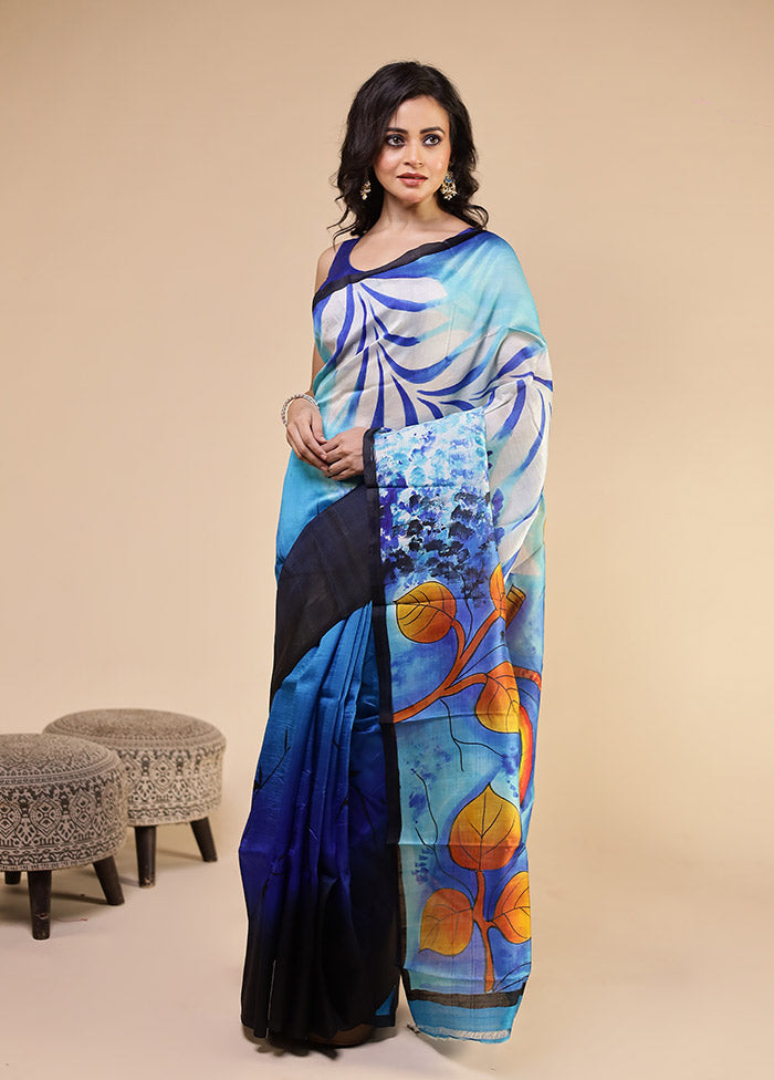 Blue Printed Pure Silk Saree Without Blouse Piece
