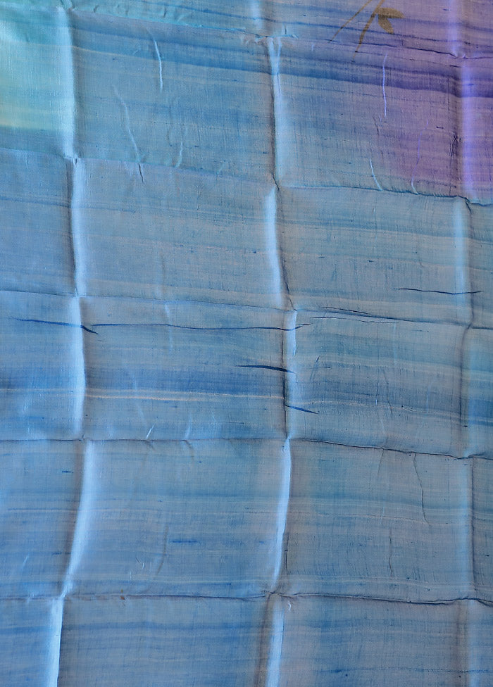 Blue Printed Pure Silk Saree Without Blouse Piece