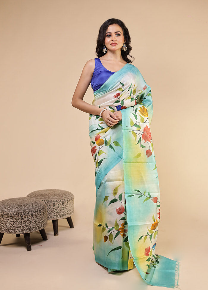 Cream Printed Pure Silk Saree Without Blouse Piece