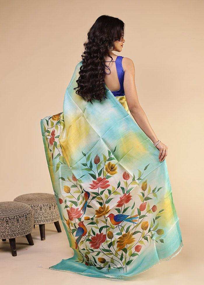 Cream Printed Pure Silk Saree Without Blouse Piece