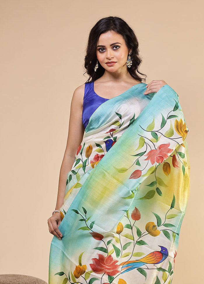 Cream Printed Pure Silk Saree Without Blouse Piece