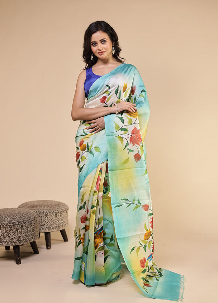 Cream Printed Pure Silk Saree Without Blouse Piece