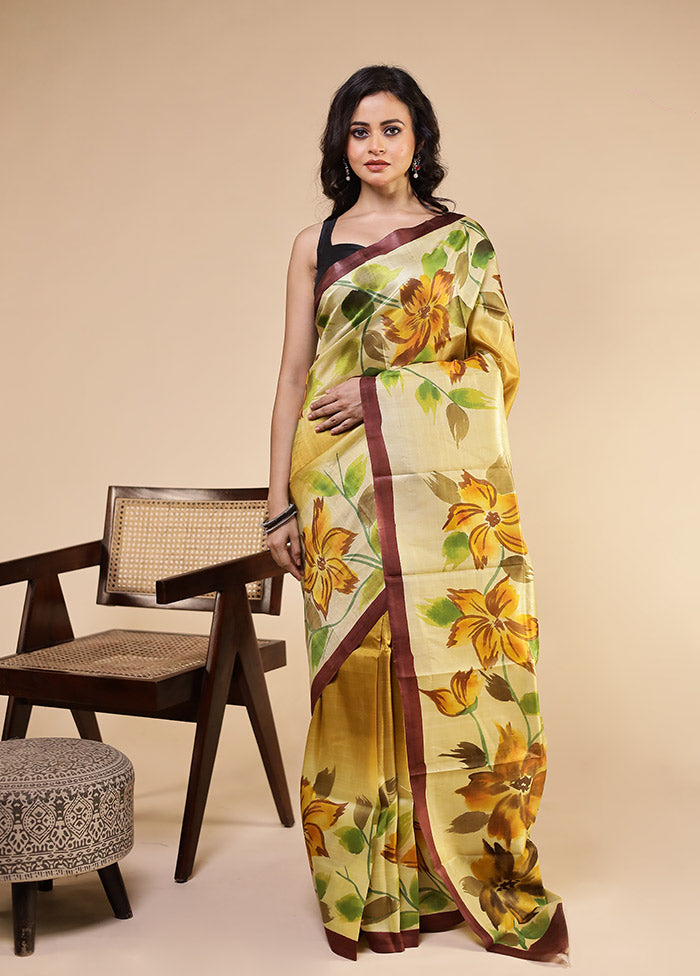 Yellow Printed Pure Silk Saree Without Blouse Piece