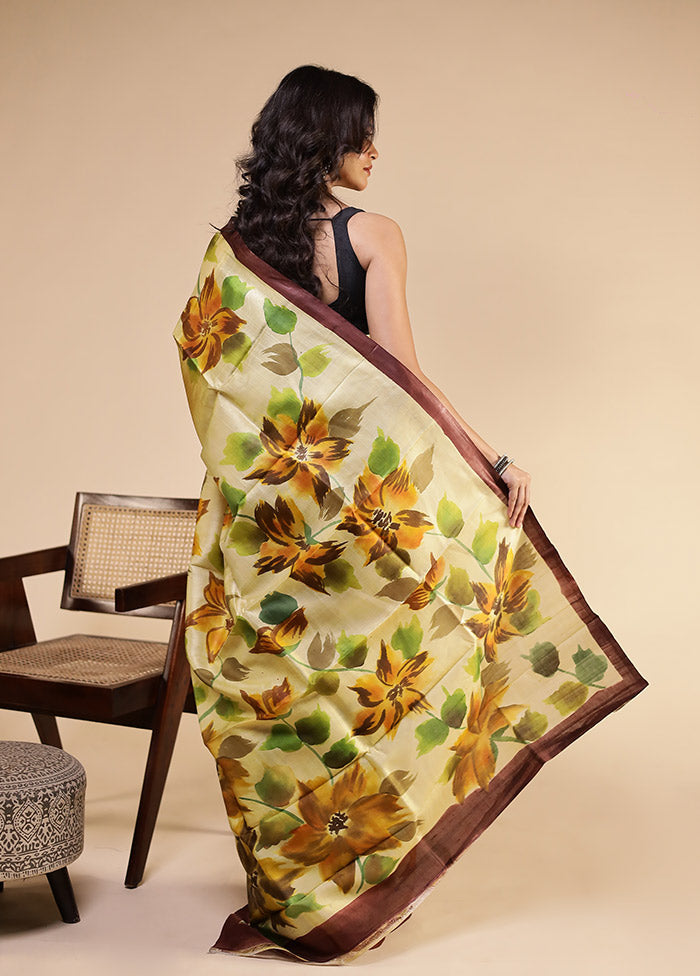 Yellow Printed Pure Silk Saree Without Blouse Piece
