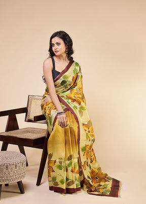 Yellow Printed Pure Silk Saree Without Blouse Piece