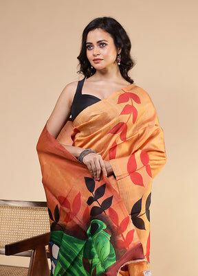 Peach Printed Pure Silk Saree Without Blouse Piece