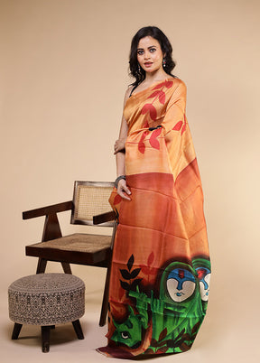 Peach Printed Pure Silk Saree Without Blouse Piece