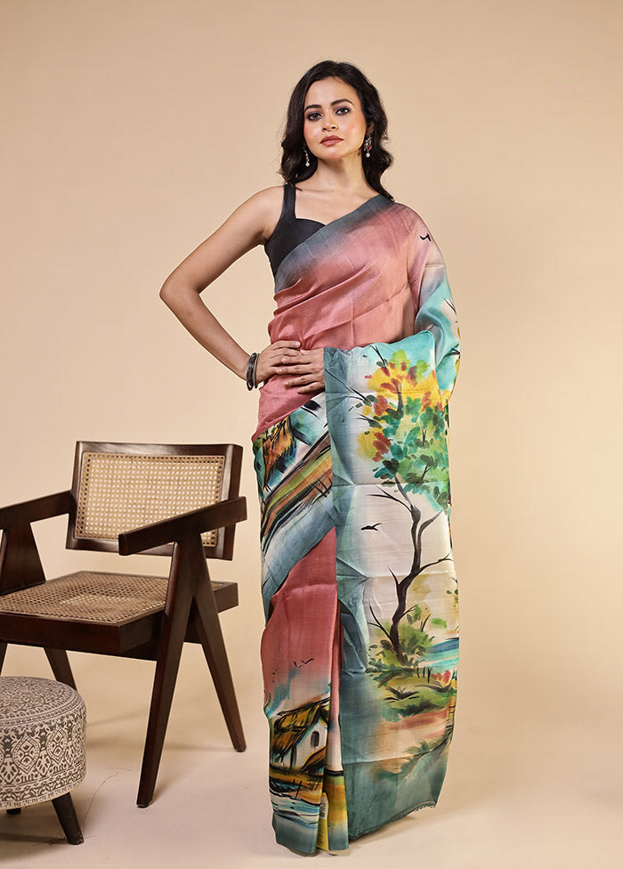 Pink Printed Pure Silk Saree Without Blouse Piece