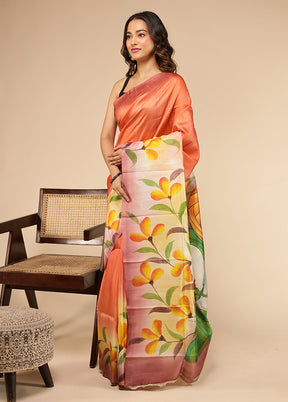 Orange Printed Pure Silk Saree Without Blouse Piece