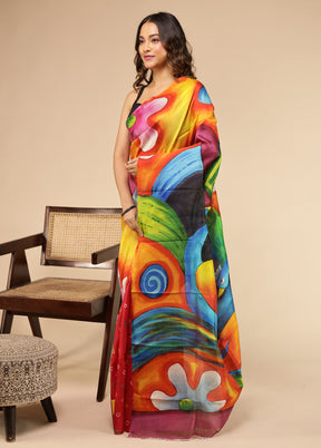 Orange Printed Pure Silk Saree Without Blouse Piece