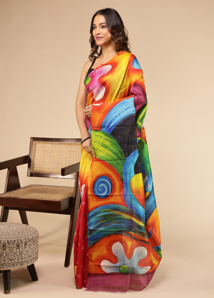 Orange Printed Pure Silk Saree Without Blouse Piece
