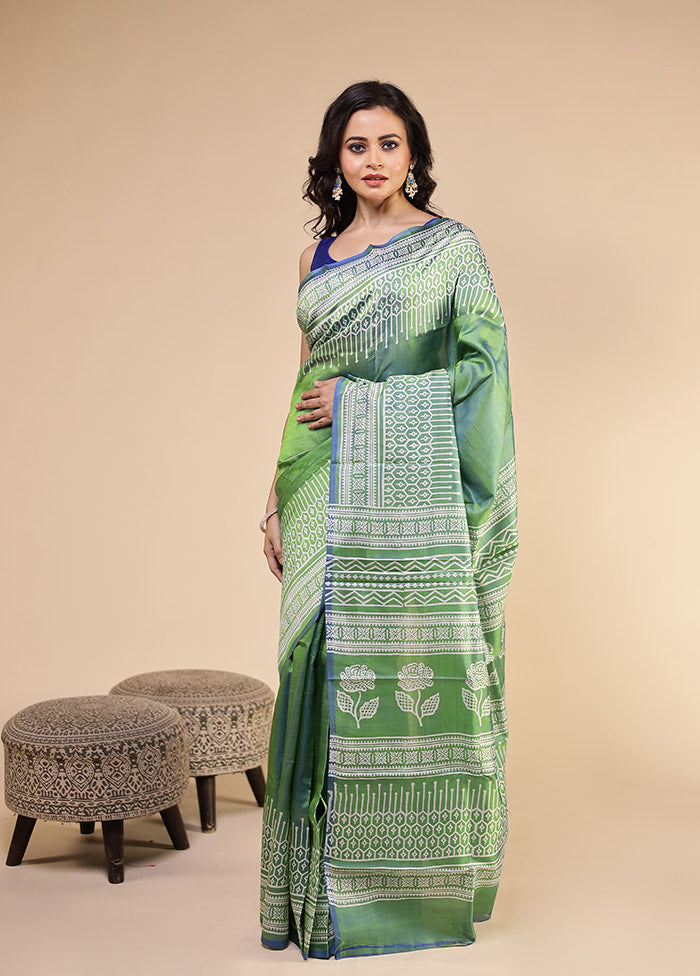 Green Printed Pure Silk Saree Without Blouse Piece