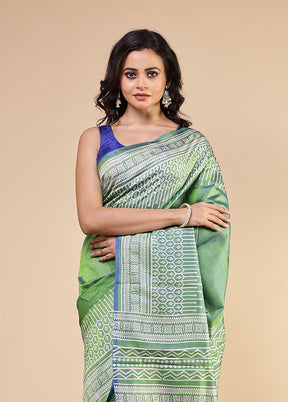 Green Printed Pure Silk Saree Without Blouse Piece