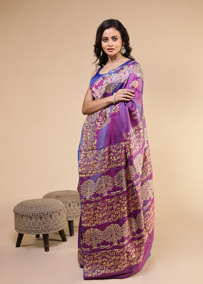 Purple Printed Pure Silk Saree Without Blouse Piece