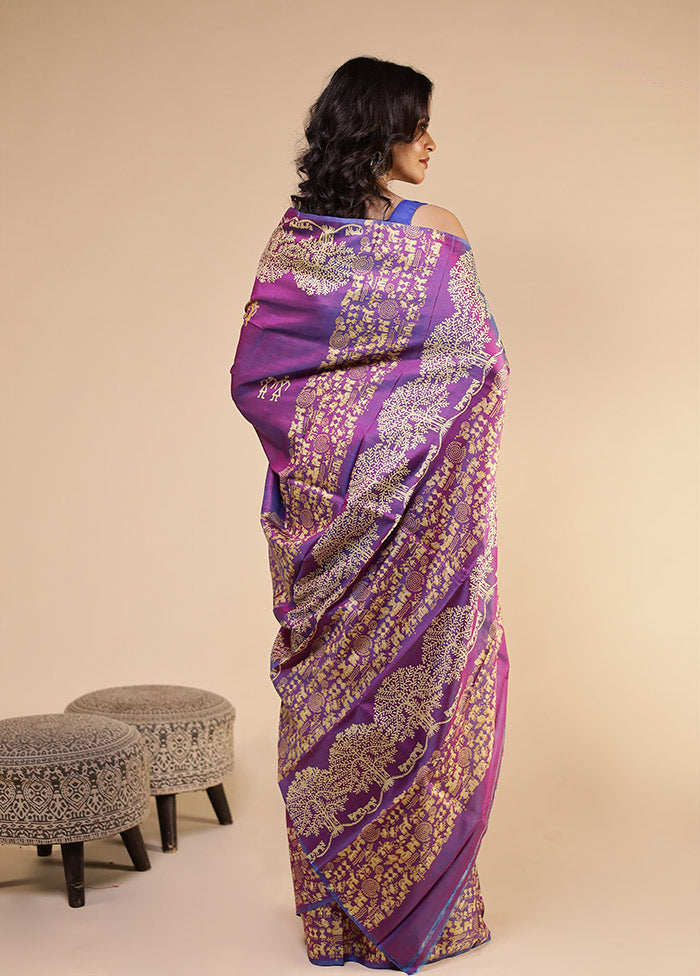 Purple Printed Pure Silk Saree Without Blouse Piece