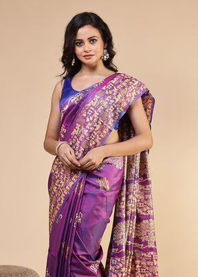 Purple Printed Pure Silk Saree Without Blouse Piece