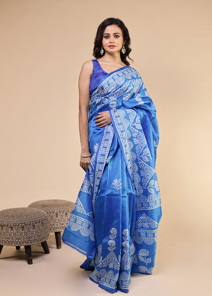 Blue Printed Pure Silk Saree Without Blouse Piece
