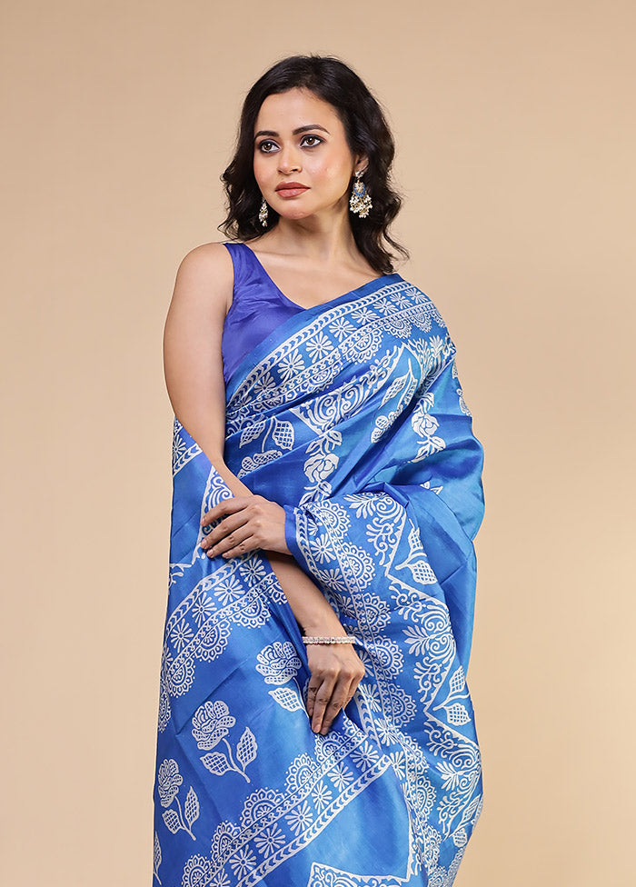 Blue Printed Pure Silk Saree Without Blouse Piece