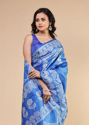 Blue Printed Pure Silk Saree Without Blouse Piece