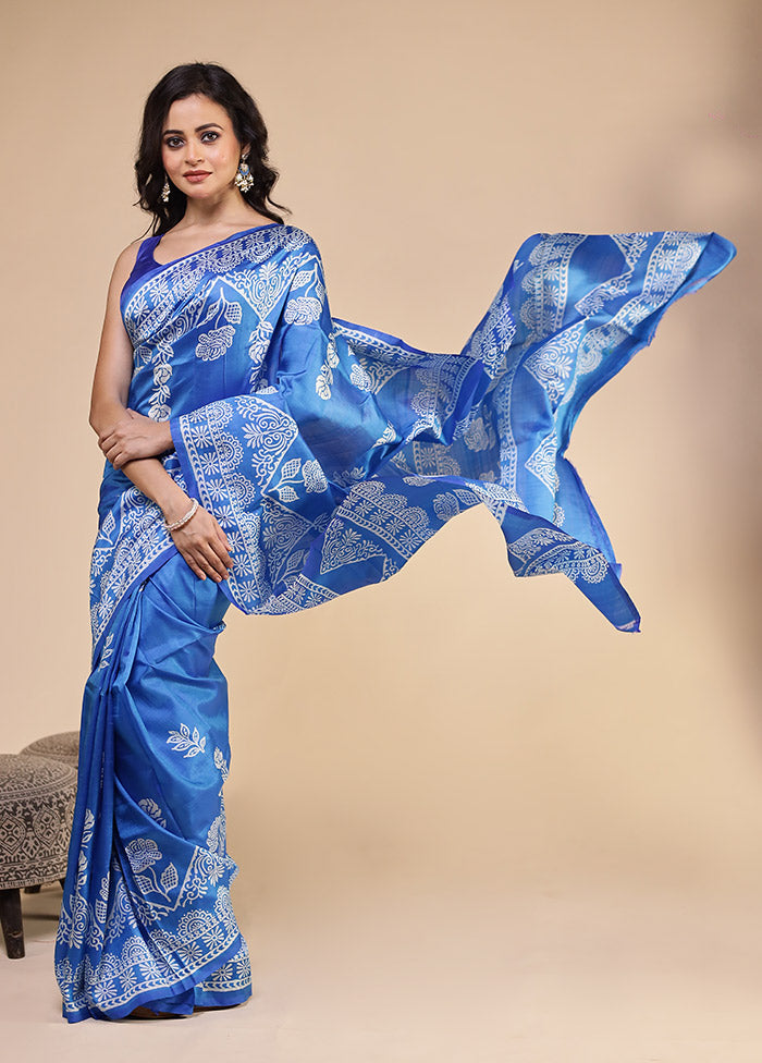 Blue Printed Pure Silk Saree Without Blouse Piece
