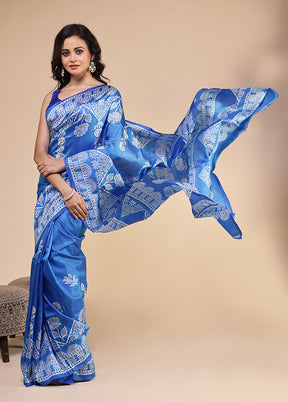 Blue Printed Pure Silk Saree Without Blouse Piece