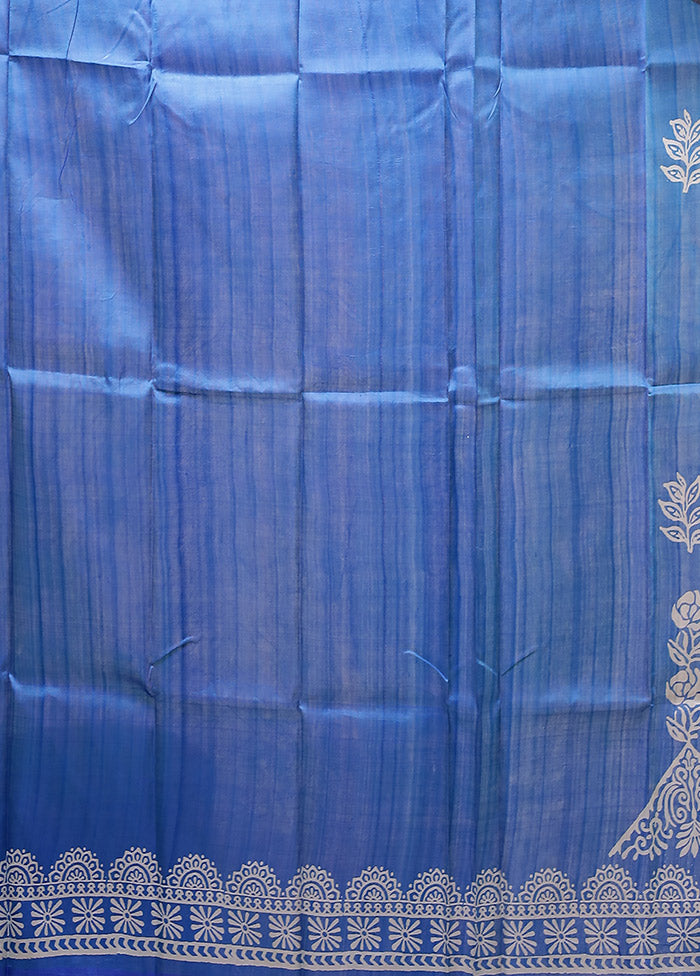Blue Printed Pure Silk Saree Without Blouse Piece
