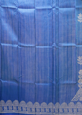 Blue Printed Pure Silk Saree Without Blouse Piece