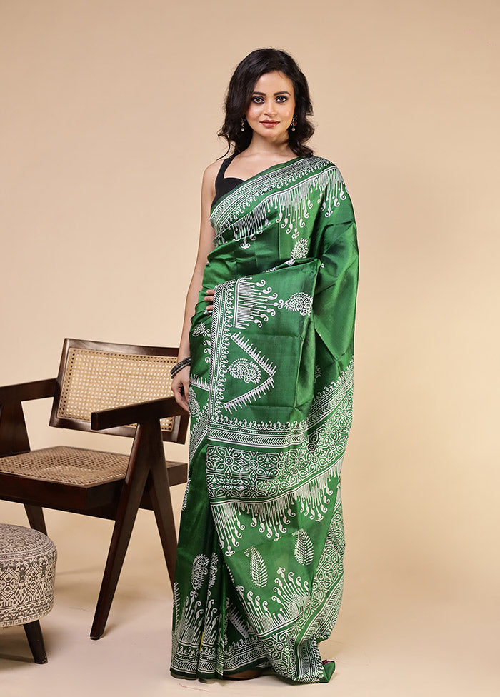 Green Printed Pure Silk Saree Without Blouse Piece