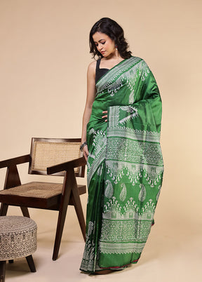Green Printed Pure Silk Saree Without Blouse Piece
