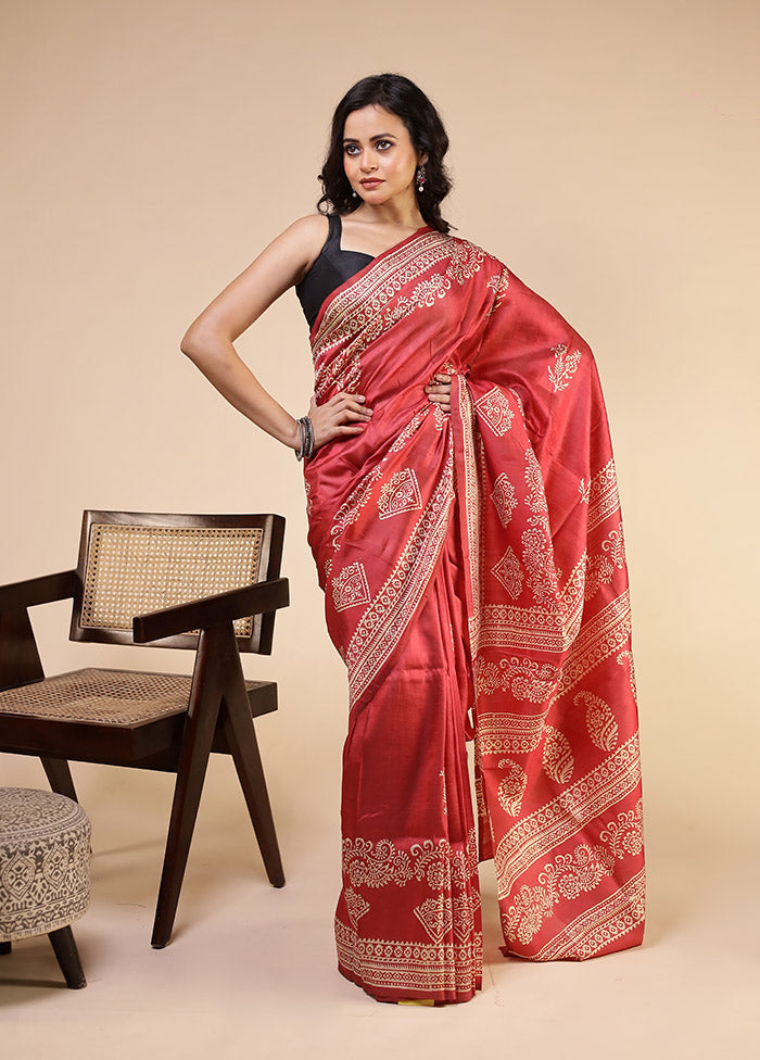 Red Printed Pure Silk Saree Without Blouse Piece
